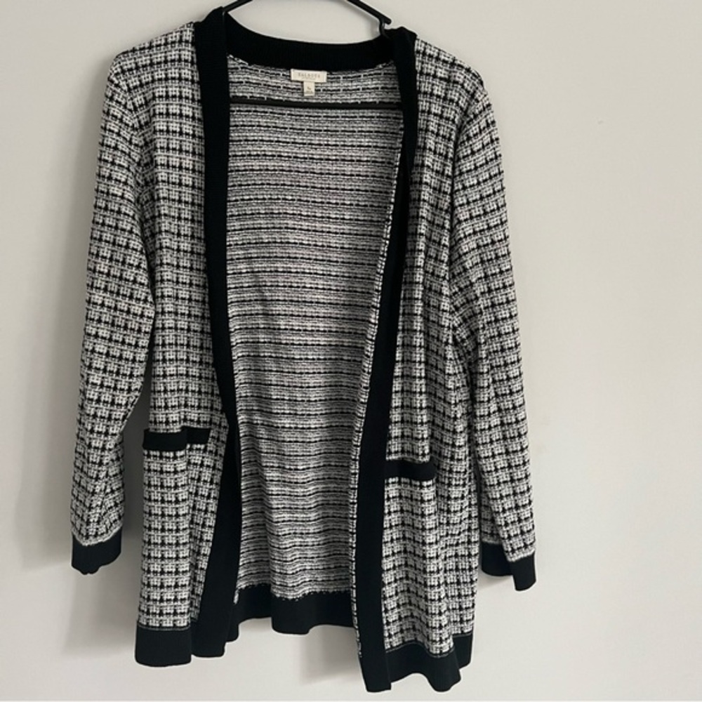 Talbots Black and White Tweed Print Knit Open Front Cardigan